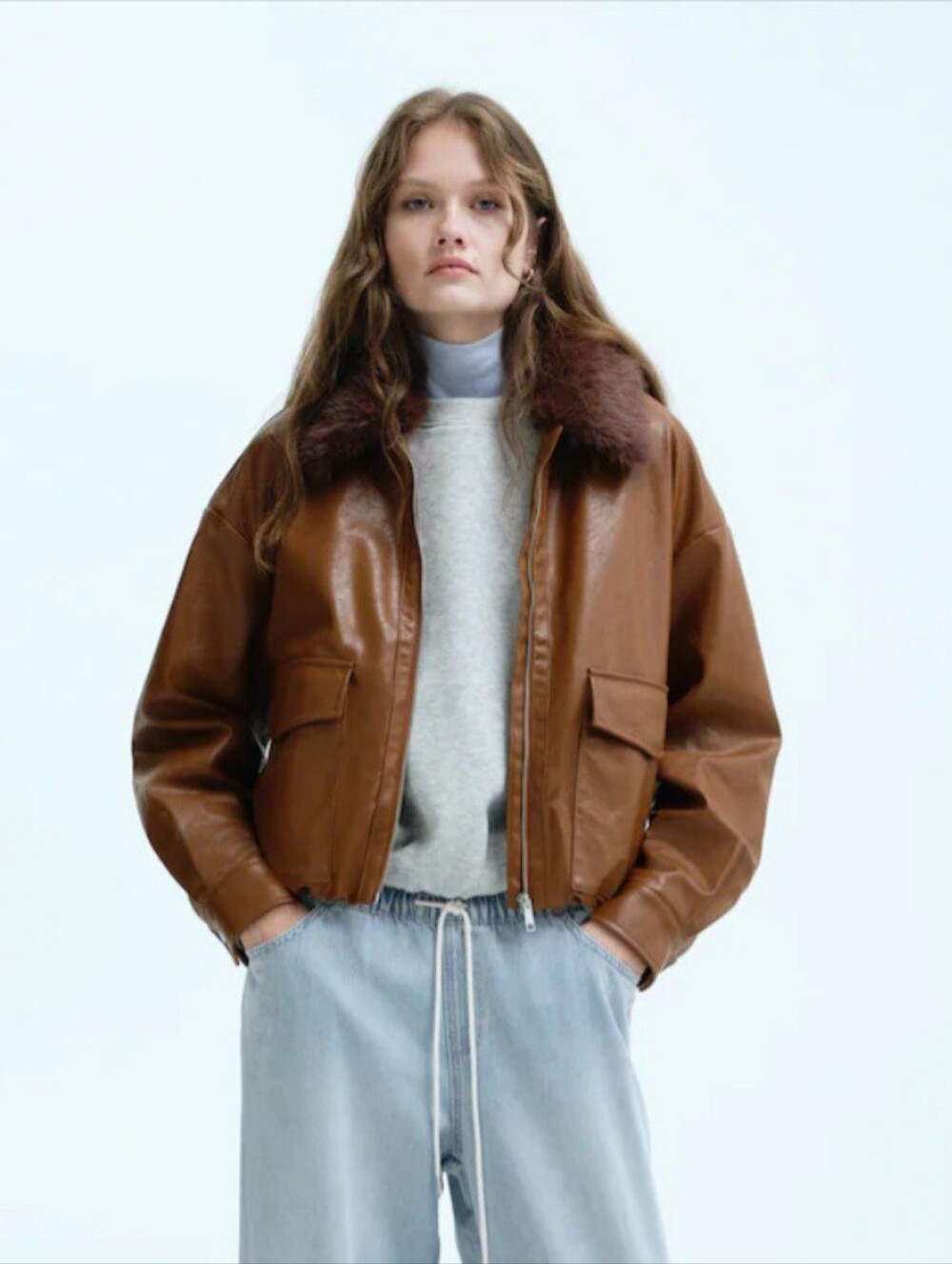 NWT Divided By H&M Brown Bomber Jacket with Fluffy Collar Size Small